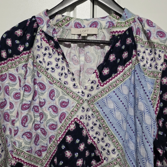LOFT Paisley Boho Floral Patchwork Linen Blend Peasant Blouse 3/4 Raglan Sleeve - Picture 3 of 13
